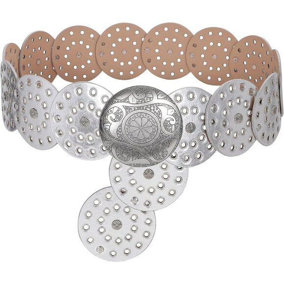 Women\'s Vintage Leather Western Disc Waist Belts Belt Silver Silver Buckle